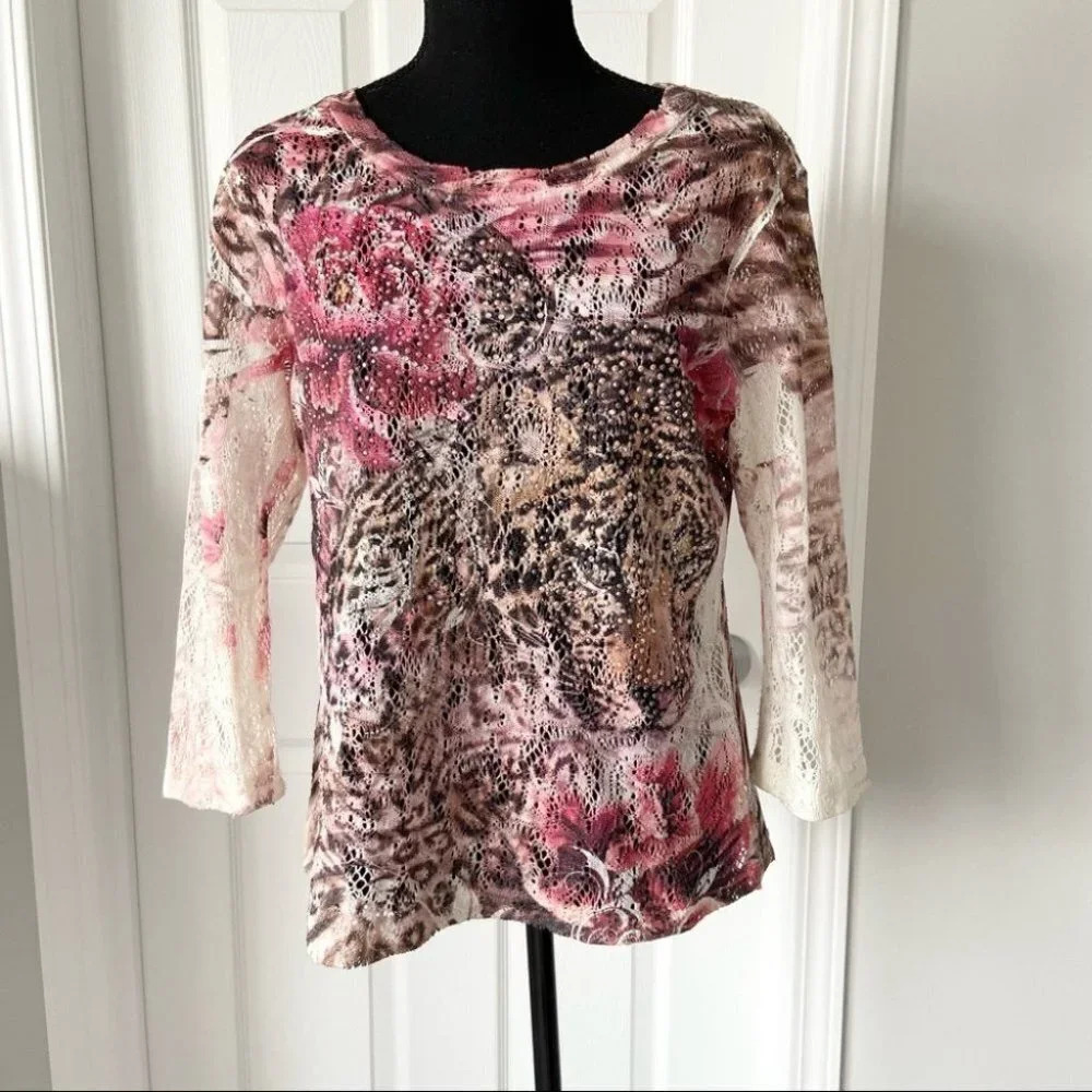 Vintage Cactus Tiger Print Embellished Open Knitted Top